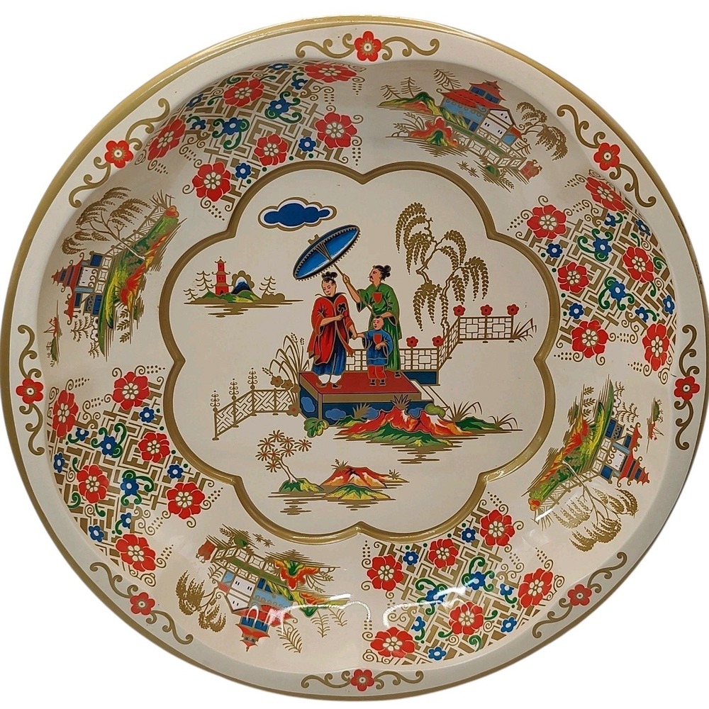 Vintage Daher Oriental Metal‎ Tray Bowl Round Decorated England Ten Inches 1971